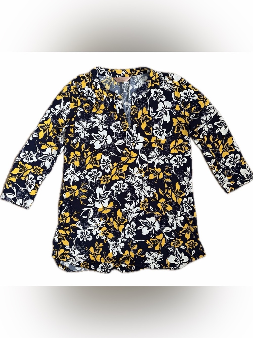 SJS Navy Floral V-Neck Tunic with Yellow & White Bloom Print